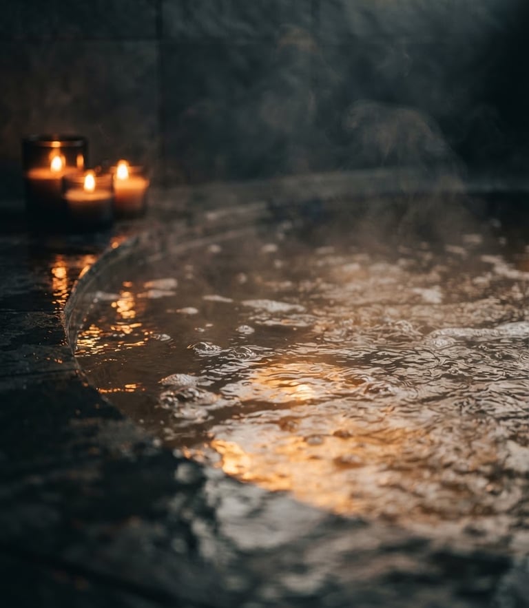 Close-up of steaming private Jacuzzi water with warm candlelight reflecting off the surface, deep slate gray background, soft focus, moody atmosphere.