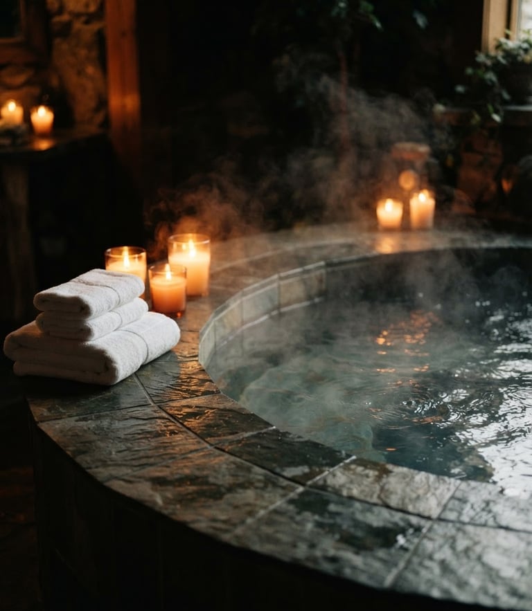 Moody spa photography, close-up of steaming private Jacuzzi tub with soft amber candlelight and folded plush white towels, deep shadows