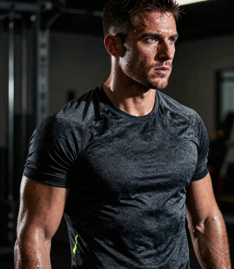 Dramatic high-contrast side-lit portrait of a sweating athlete in a dark gym, wearing a charcoal training t-shirt, sharp focus, 35mm lens