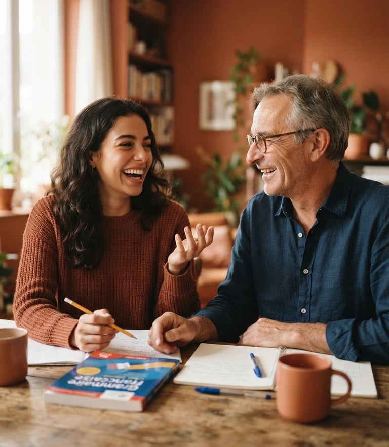 Medium close-up of a young woman and an older man laughing while practicing French pronunciation, bright natural daylight, warm terracotta tones, shallow depth of field