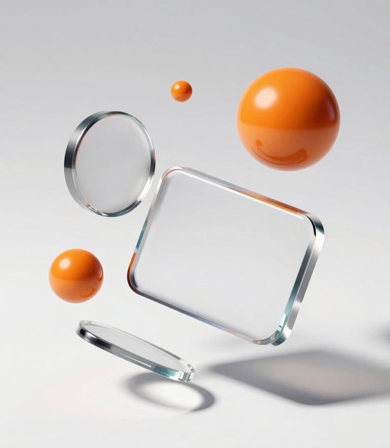 A dynamic isometric render of floating glassmorphic UI components and glossy orange spheres, casting sharp shadows on a clean white surface under studio strobe lighting