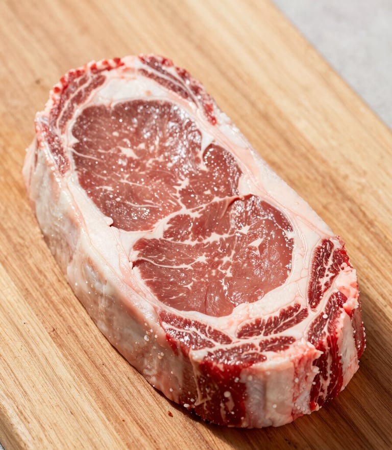 Crisp food photography, bright natural daylight, fresh raw beef ribeye steak on a clean wooden butcher block, high detail, 50mm lens