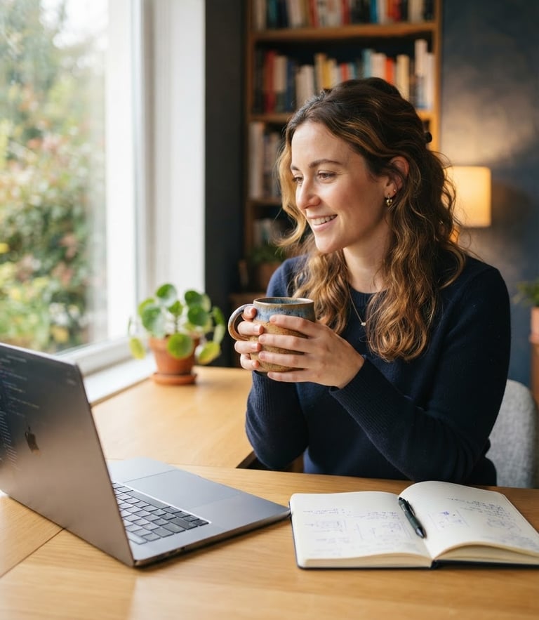 A professional working in a warm, daylight-filled home office, holding a ceramic mug, with a clean wooden desk and notebook, soft navy accents, shallow depth of field, 35mm