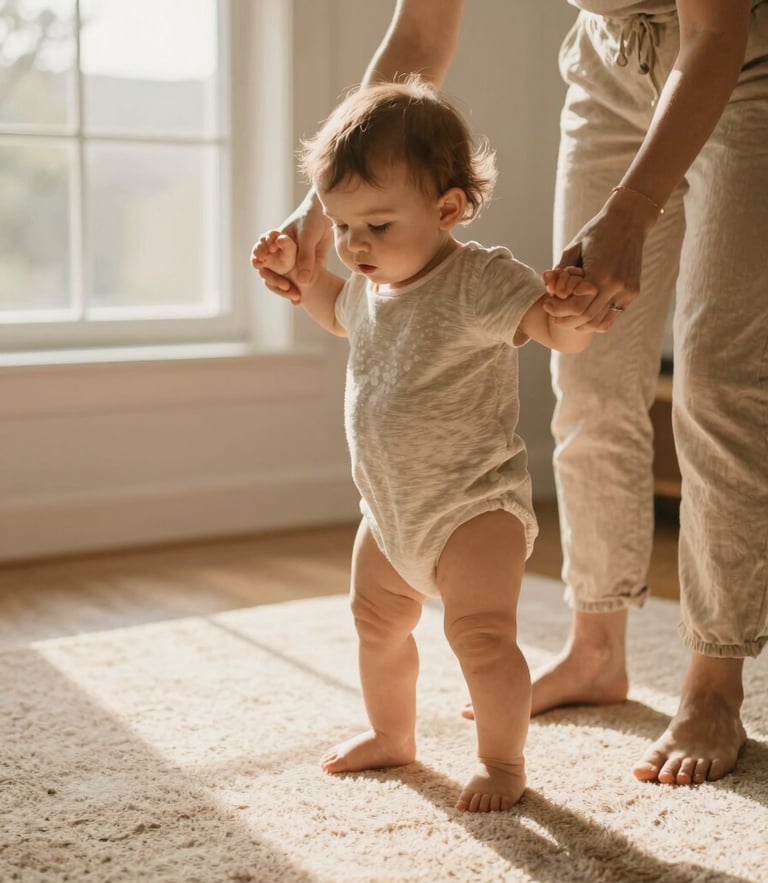 A warm, candid photo of a mother guiding her toddler's first steps on a soft rug, warm natural daylight from a nearby window, soft focus
