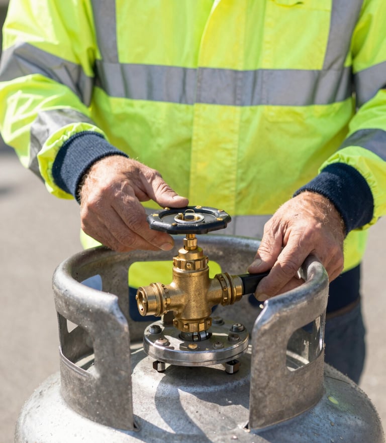 A certified propane technician in high-visibility safety gear inspecting a brass valve on a clean steel cylinder, bright natural daylight, sharp focus, 35mm lens
