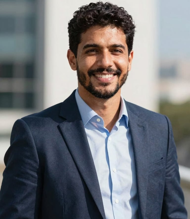 Professional, confident portrait of Eduardo Joaquim da Silva, a Brazilian financial and ESG consultant, clean corporate background, bright natural daylight, high contrast, sharp focus