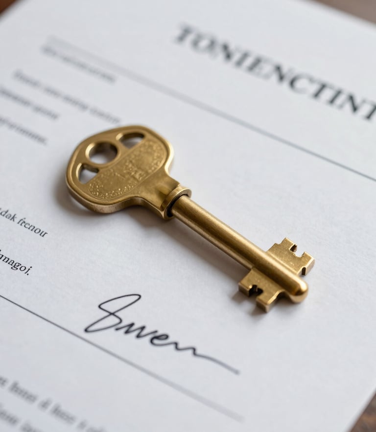 A close-up of a modern brass key resting on a pristine, signed tenancy agreement document, soft natural side lighting, clean architectural lines.