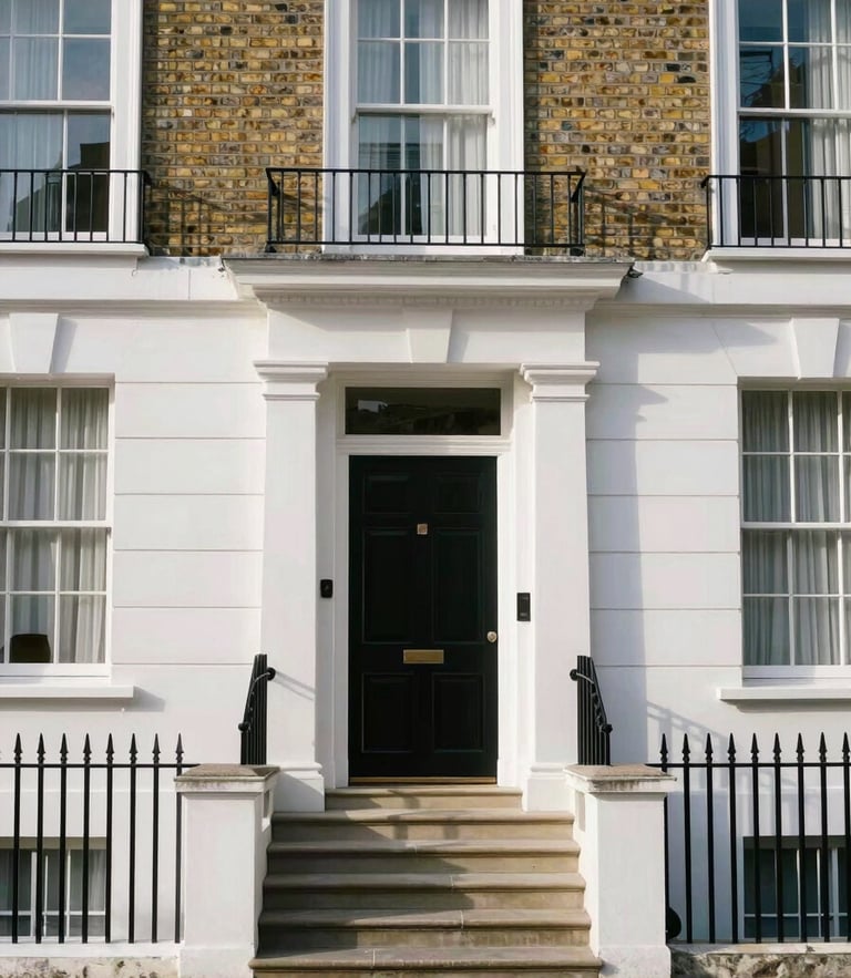 Straight-on architectural photograph of a renovated London townhouse exterior, soft natural morning daylight, clean brickwork and stone steps.