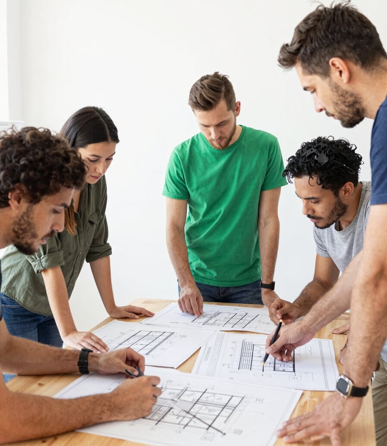 A bright environmental photo of a community planning workshop, people looking at architectural blueprints on a wooden table, natural daylight, 35mm.