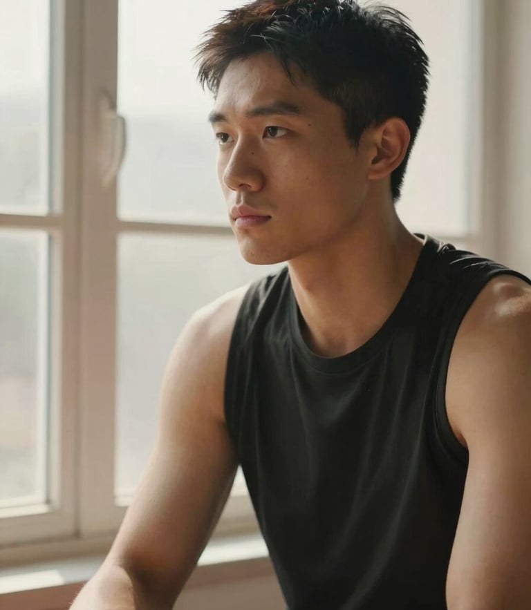 Portrait of a focused professional athlete in a moment of mental preparation, warm natural window light, soft shadows, 35mm