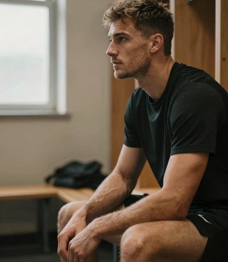 Focused professional athlete sitting on a bench in a dimly lit locker room, warm light catching their profile, intense and calm mental preparation, shallow depth of field, 35mm