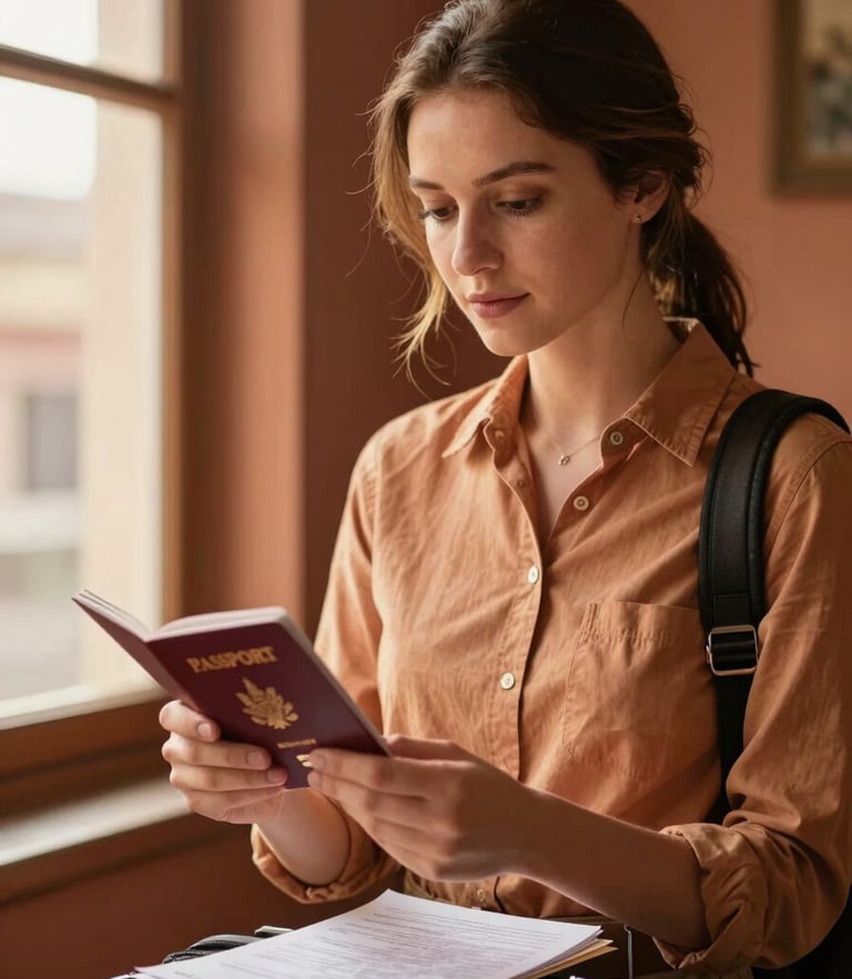 A warm editorial portrait of a travel coordinator reviewing a passport and travel documents under soft golden hour window light, 35mm.
