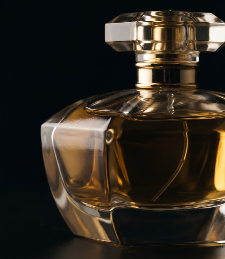 Macro close-up of a sleek glass perfume bottle with golden liquid, dramatic low-key side lighting, deep obsidian background, warm gold highlights, 35mm