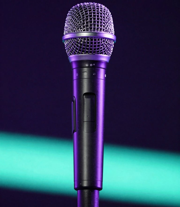 Close-up of a sleek professional wireless microphone, dark background with dramatic electric violet and neon teal backlighting, sharp focus, low-light event photography.