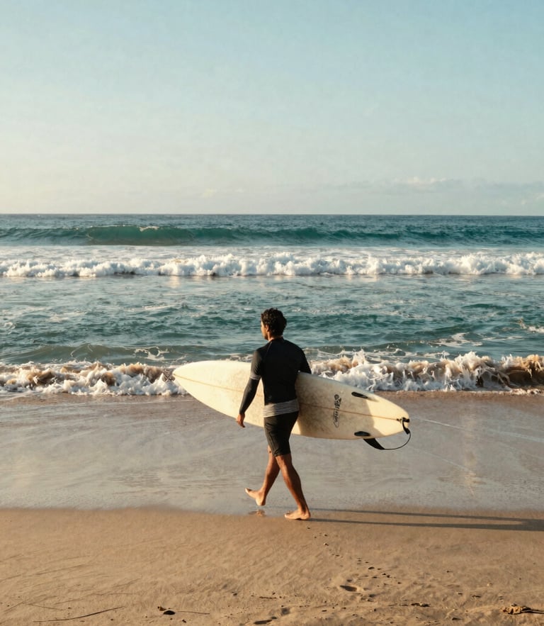 A professional surf instructor with a surfboard walking on Canggu beach during soft morning daylight, 35mm film style