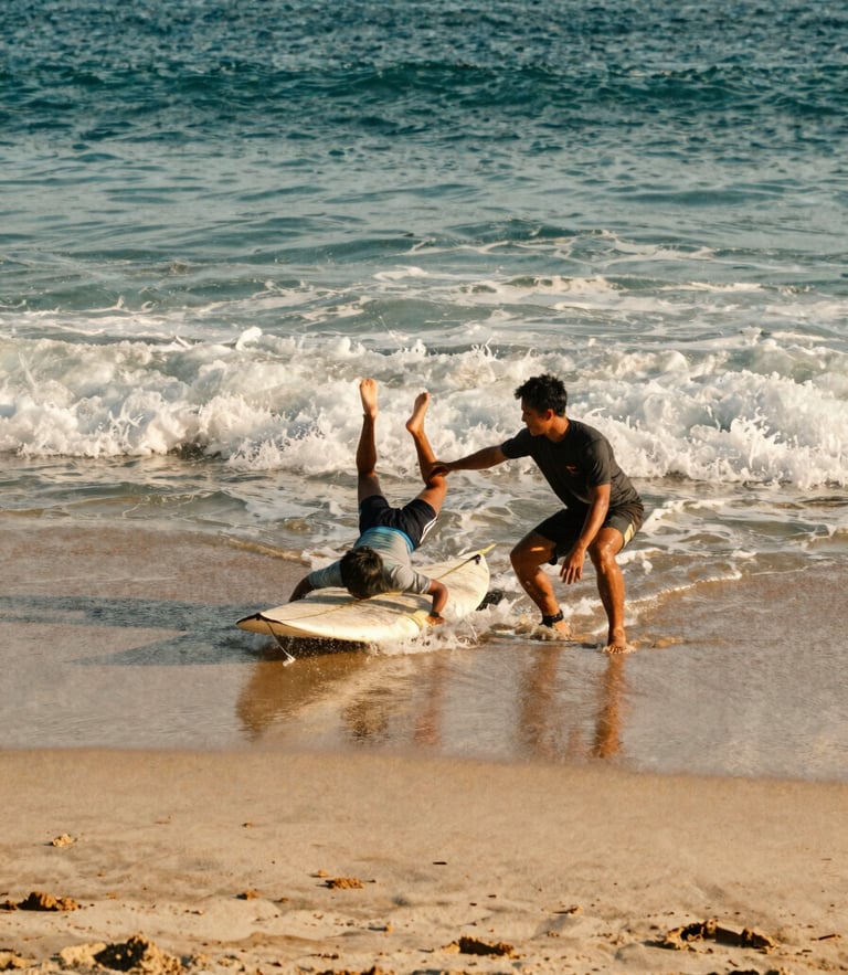 A professional surf instructor demonstrating pop-up techniques to a student on Canggu beach sand, warm golden-hour light, 35mm film style