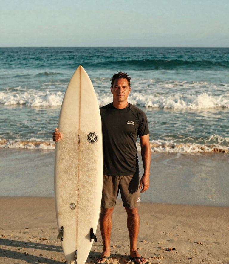 Portrait of a professional surf instructor standing on Canggu beach holding a surfboard, warm golden-hour morning light, ocean teal background, 35mm film style