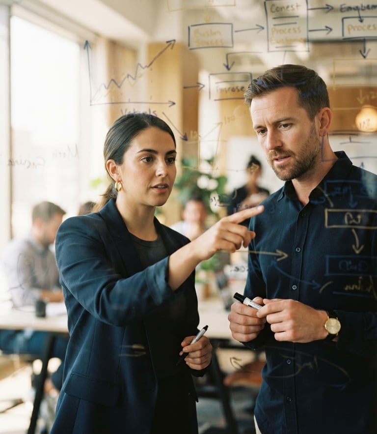 Candid portrait of two business professionals analyzing structured diagrams on a glass board, warm natural window light, deep navy and soft gold tones, shallow depth of field, 35mm
