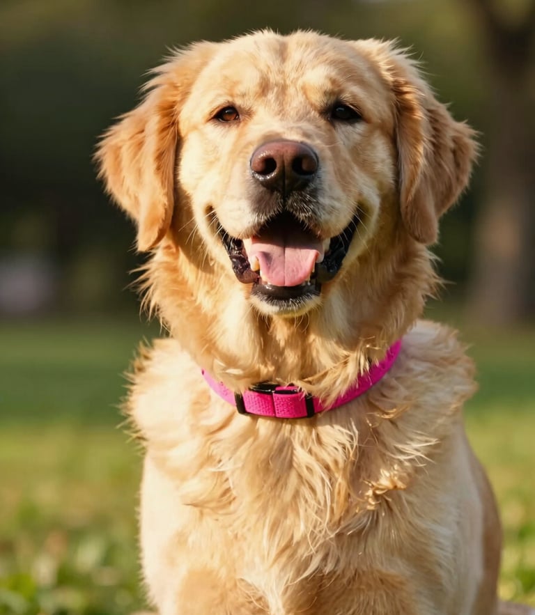 Dynamic portrait of a happy Golden Retriever wearing a vibrant fuchsia Biothane collar, bright golden-hour natural sunlight, shallow depth of field, outdoor park setting.