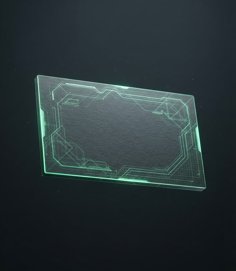 A minimalist 3D render of a floating business card template with highlighted technical vector paths and neon tech green bleed lines, sharp dramatic studio lighting, deep charcoal background, 8k