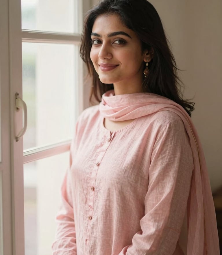 A young Pakistani woman in a soft blush pink linen outfit smiling gently by a sunlit window, soft editorial photography, diffused morning window light, shallow depth of field, 35mm