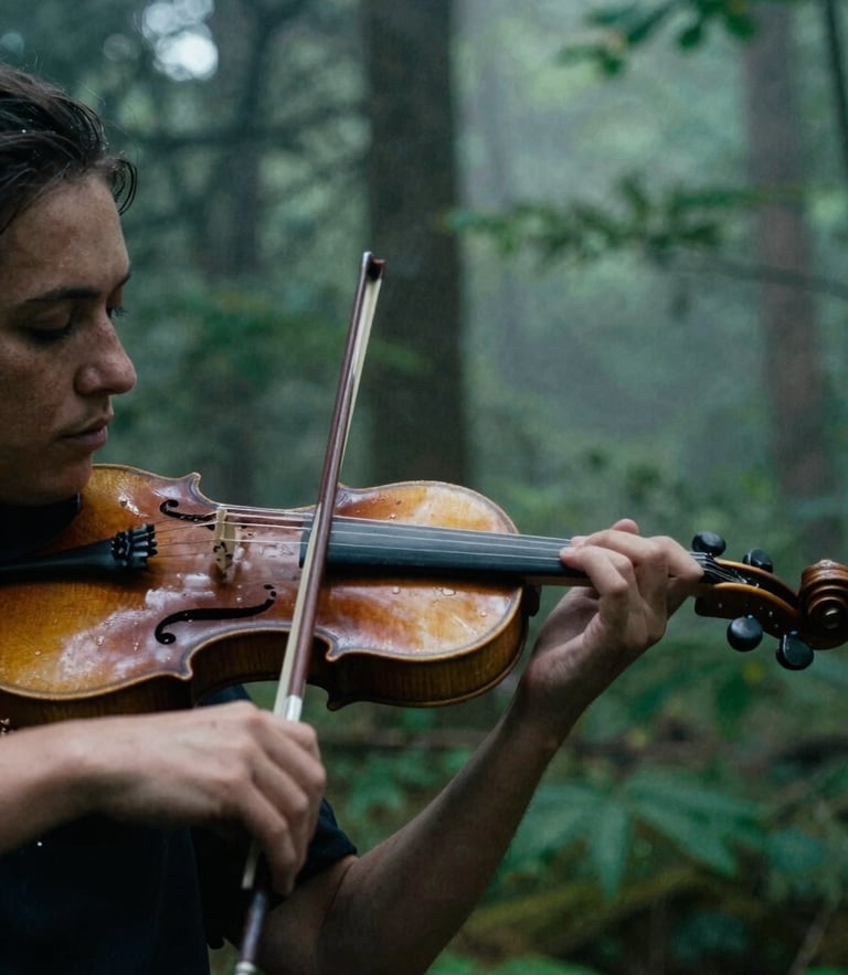 Extreme portrait close-up of a rustic wooden violin being played in a misty forest, moody cinematic film photography, natural overcast daylight, deep forest greens, 35mm anamorphic lens