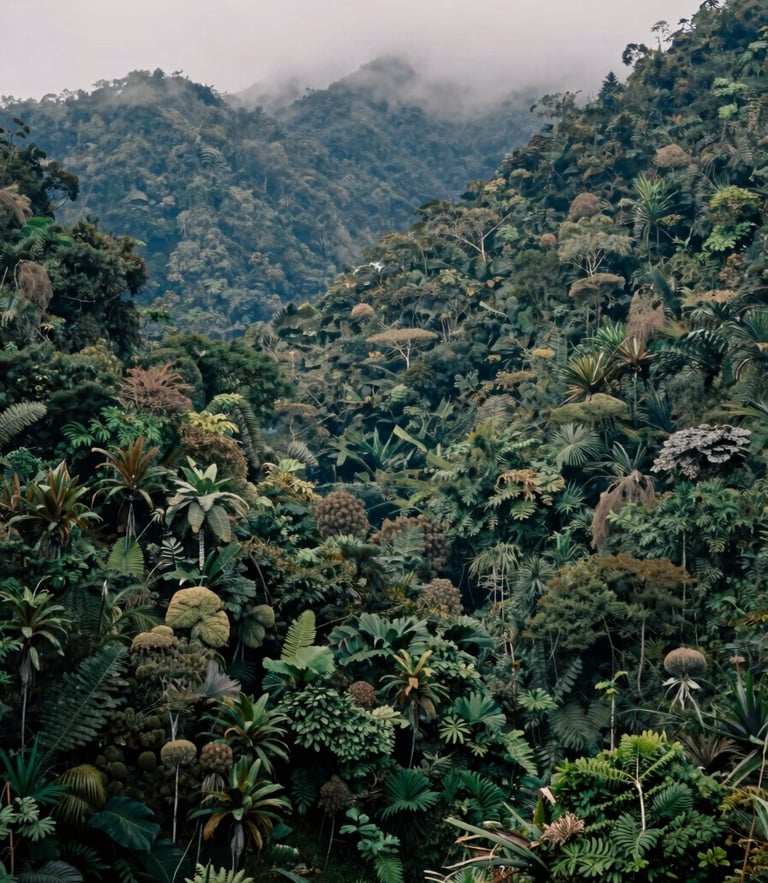 Moody cinematic film photography of a misty mountain forest in Latin America, overcast natural daylight, deep forest greens, 35mm anamorphic lens