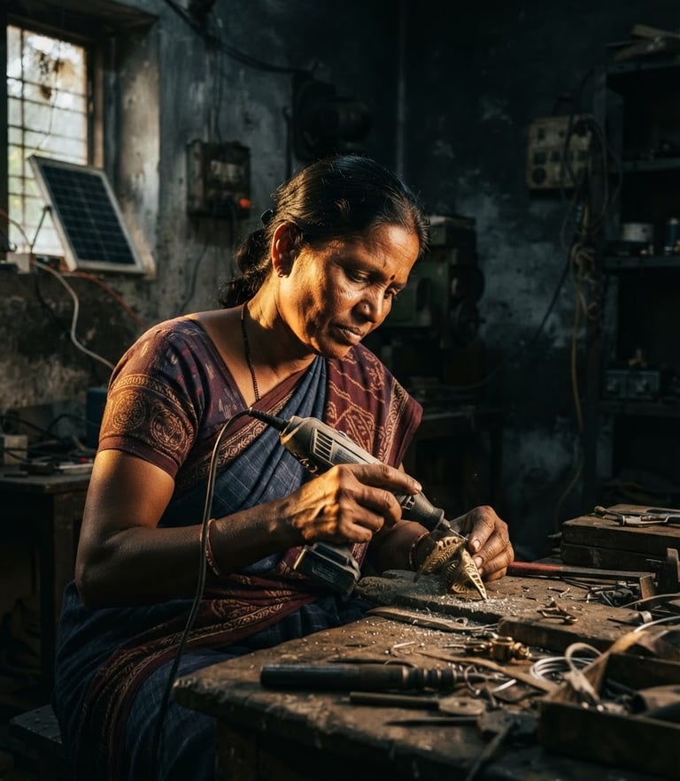 Dramatic high-contrast portrait of a rural Telangana woman artisan working with solar-powered tools, side-lit with warm golden light, dark industrial background, sharp details.