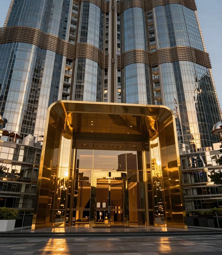 Wide-angle architectural shot of a luxury retail entrance in Downtown Dubai, dramatic golden-hour lighting, sharp reflections on glass, 35mm
