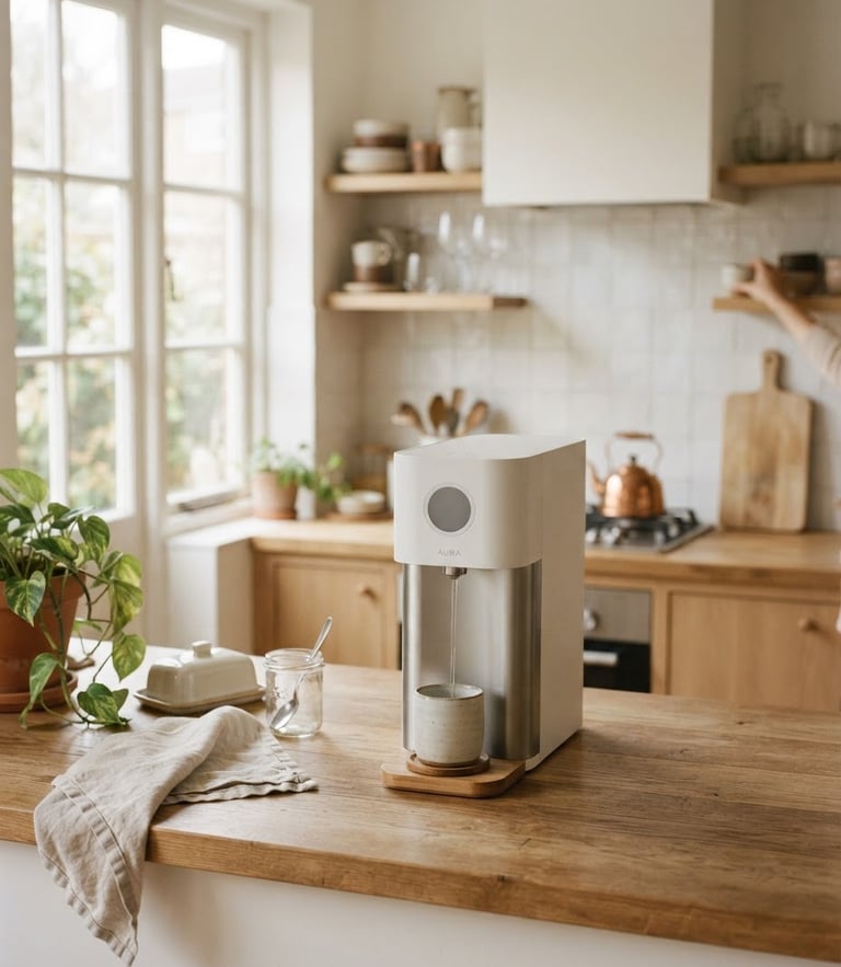 Warm editorial photography of a bright Scandinavian kitchen, soft morning window light, a minimalist water generator on a wooden counter, shallow depth of field, 35mm