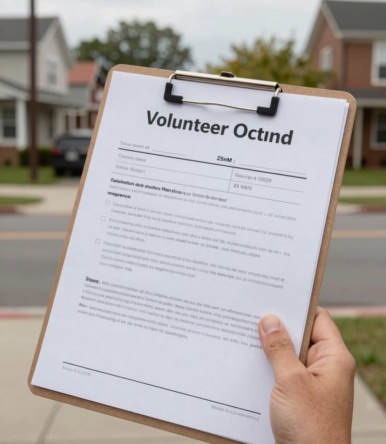 Close-up of a volunteer's hand holding a petition clipboard, bright natural daylight, documentary editorial photography, 35mm lens.