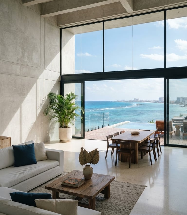 Wide shot of a modern minimalist villa interior in Cancún, sunlit concrete walls, polished floors, large open windows showing the ocean, bright natural daylight, 35mm lens