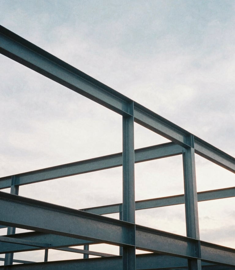 Low-angle architectural film photography of raw structural steel framing against a dramatic overcast morning sky, cool steel and slate tones, sharp focus, 35mm lens.