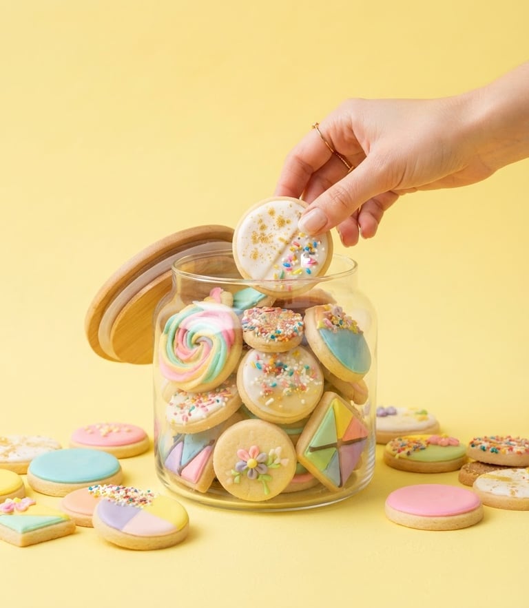 Close-up of modern cookies on a vibrant pastel yellow backdrop, hand reaching for a cookie jar, bright high-key studio lighting, 50mm