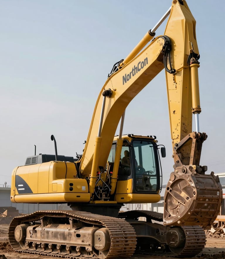 Low-angle heroic shot of a heavy yellow excavator with NorthCon branding on an active commercial job site, crisp high-contrast morning light, industrial background