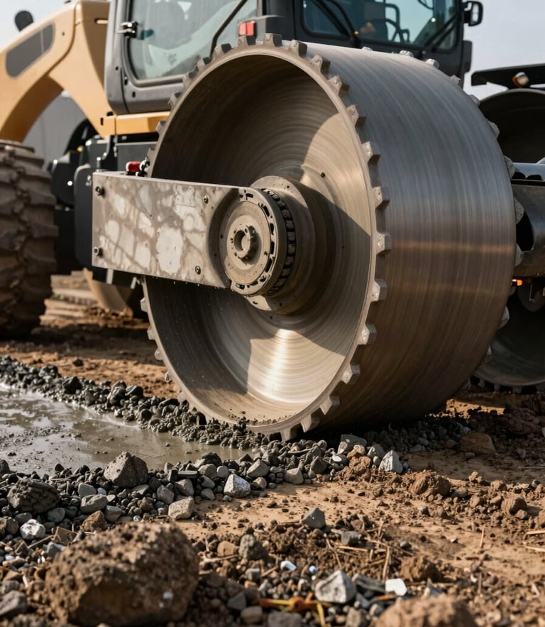 Close-up low-angle shot of a heavy soil stabilizer machine mixing cement into the raw earth sub-grade. Crisp morning light highlights the textured gravel and powerful rotating drum, shallow depth of field.