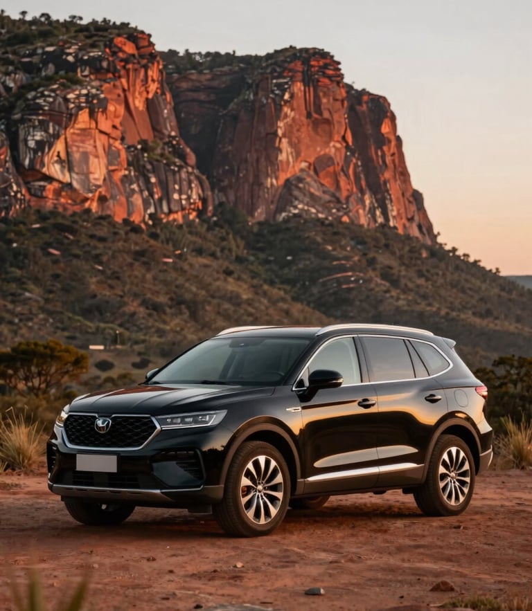 Modern black executive SUV parked on a scenic overlook in Chapada dos Guimarães, red sandstone cliffs in background, soft golden hour sunlight, editorial travel photography.