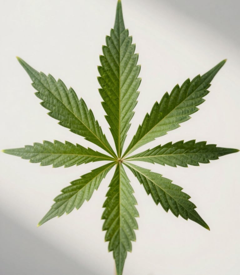 A close-up of a perfectly turgor cannabis fan leaf, crisp details of veins, soft diffused north-facing daylight, clean background