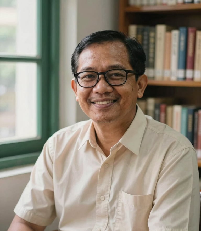 Portrait of an Indonesian male academic in his late 40s with glasses, warm smiling expression, sitting in a scholarly library with books in the background, soft natural window light, 35mm photograph