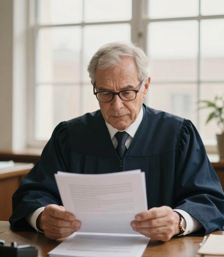 Editorial portrait of a senior lawyer reviewing documents in a warm, daylight-filled office, soft natural window light, muted navy and champagne tones, shallow depth of field, 35mm