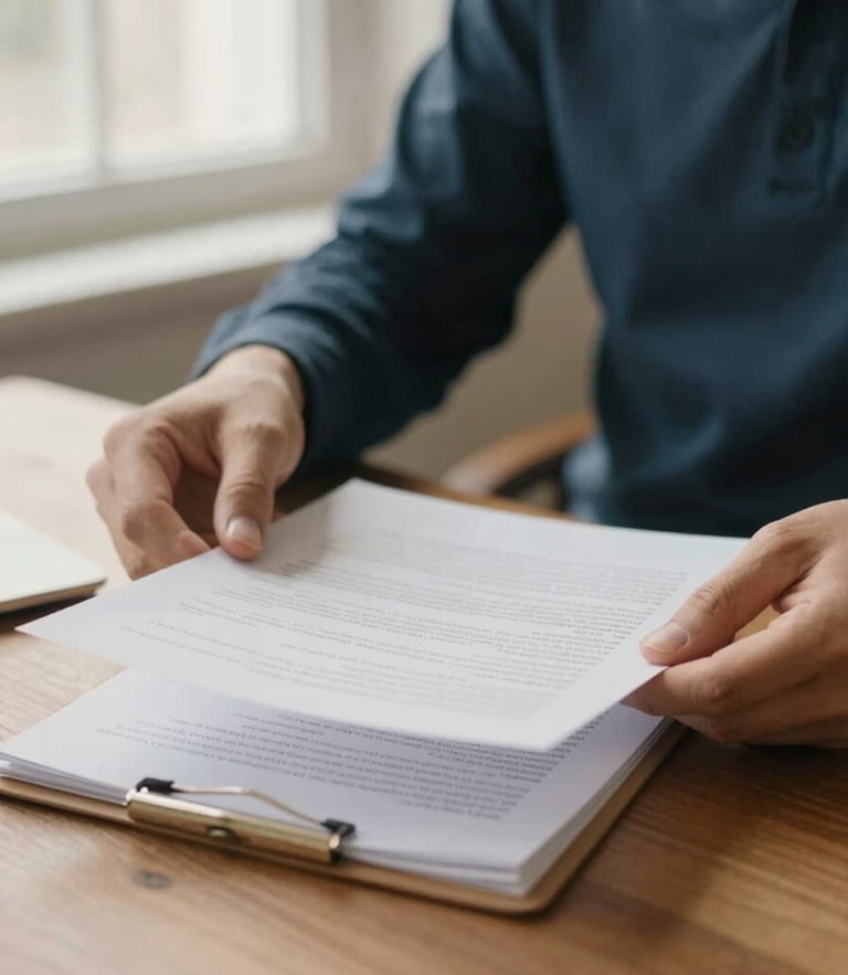 Warm editorial photography of hands reviewing physical documents on a wooden desk under soft natural window light, muted navy and champagne tones, shallow depth of field, 35mm