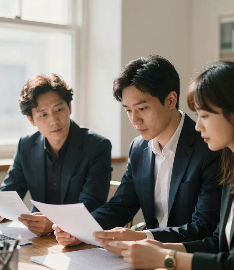Portrait of the founding partners in their warm, sunlit office, reviewing documents together, shallow depth of field, 35mm