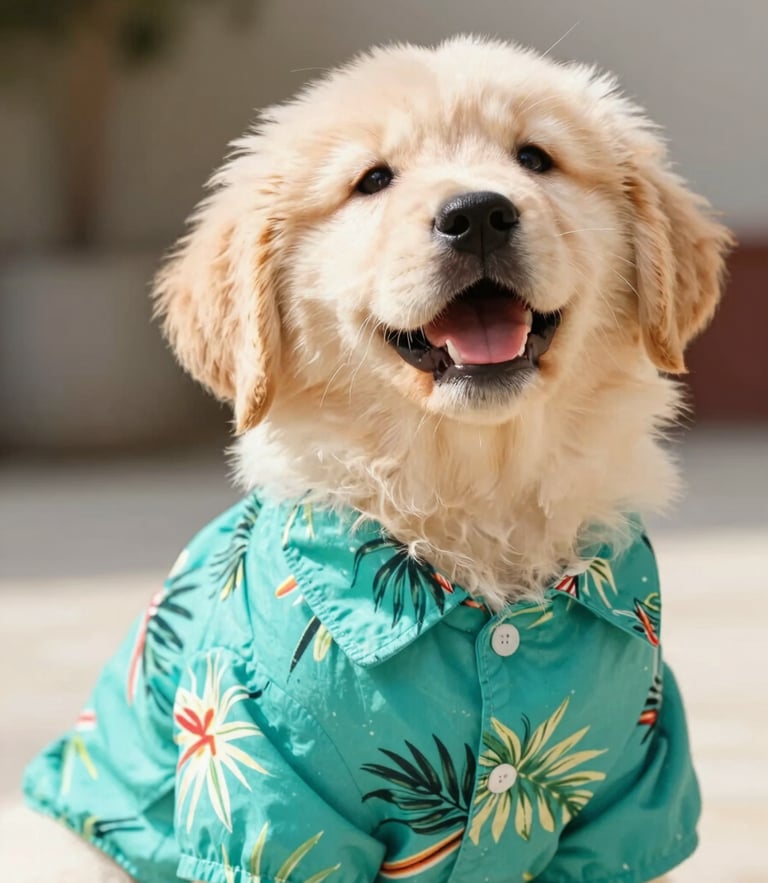 A happy small golden retriever puppy wearing a vibrant teal tropical shirt, looking up joyfully, bright high-key pet photography, warm natural daylight, shallow depth of field, 35mm