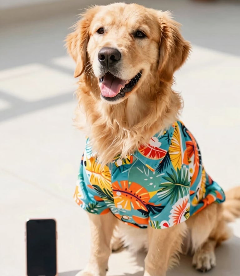 Bright high-key pet photography, a happy golden retriever wearing a colorful tropical shirt sitting next to a smartphone on a clean surface, warm natural daylight, vibrant saturated colors, shallow depth of field, 35mm