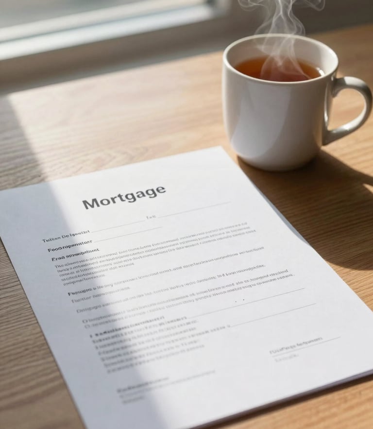 A close-up of a mortgage agreement document on a wooden table next to a steaming ceramic mug of tea, soft morning light filtering through a window in a Widnes office.