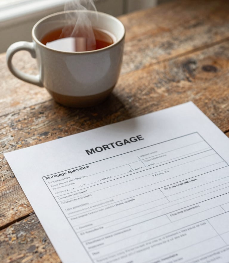 A close-up of a mortgage application form on a rustic wooden table next to a steaming ceramic mug of tea, soft morning light filtering through a window, warm and inviting atmosphere.