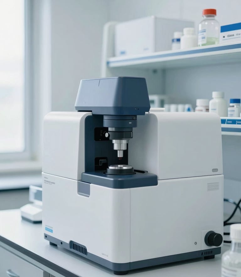 Crisp clinical photography of a modern, immaculate laboratory testing room with soft natural daylight, clean white and calming blue tones, professional depth of field, showing a high-end diagnostic analyzer in the background, no needles or blood