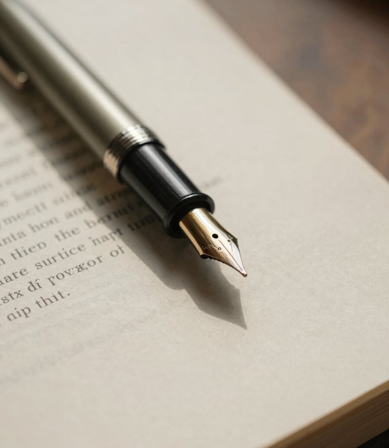 Macro close-up of a classic fountain pen resting on a detailed academic draft paper, soft warm morning window light, shallow depth of field, 35mm
