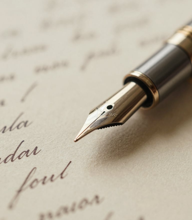 Macro close-up of a fountain pen nib resting on a handwritten manuscript draft, soft morning library light, warm cream paper texture, shallow depth of field, 35mm