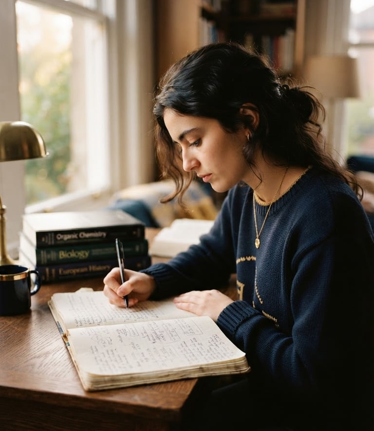 A focused student studying with a notebook under soft natural window light, deep navy and gold tones, shallow depth of field, 35mm photography
